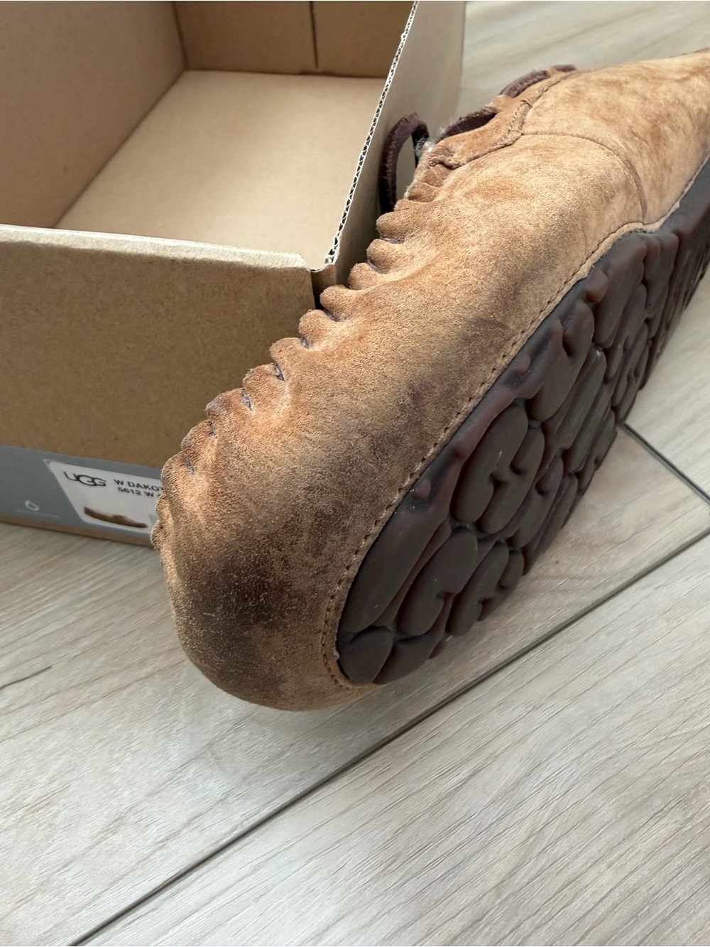 UGG Chestnut Suede Moccasin Slippers with Shearling Trim - Picture 6 of 12
